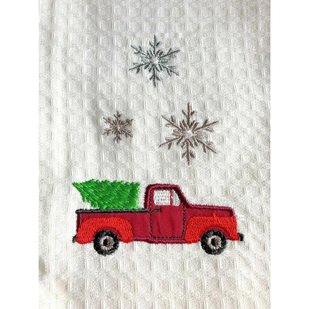 Christmas Dish Towels Set of 2 Red Farm Truck Waffle Weave Kitchen Embroidered